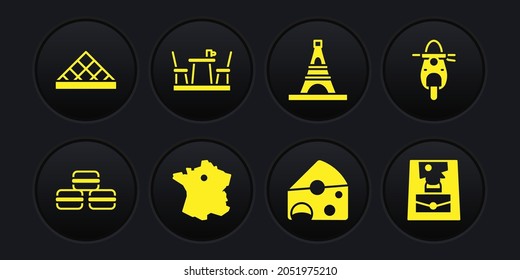 Set Macaron cookie, Scooter, Map of France, Cheese, Eiffel tower, French cafe, Handbag and Louvre museum icon. Vector