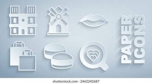 Set Macaron cookie, Smiling lips, Paper shopping bag, Coffee cup, Windmill and Notre Dame de Paris icon. Vector