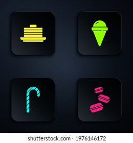 Set Macaron cookie, Stack of pancakes, Christmas candy cane and Ice cream in waffle cone. Black square button. Vector