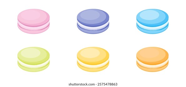 Set of macaron cookies French dessert different flavors. Vector flat illustration