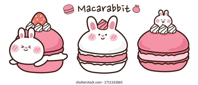 Set of macaron with rabbit hand drawn.Cute cartoon doodle.Isolated objects on white background. Image for menu, children print,sticker,poster.Vector.Illustration.