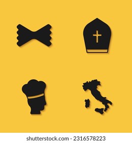 Set Macaroni, Map of Italy, Italian cook and Pope hat icon with long shadow. Vector