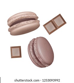 Set of Macarons with chocolate bars, Realistic Tasty, Colourful French Macaroons. Isolated on white background, Vector Illustration