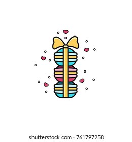 Set of macarons cookies wrapped with ribbon bow. Flat color line icon of popular french macaroon sweets on isolated background. Concept for menu, advertising, flyers, cards design. 