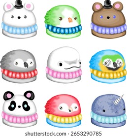 Definir macarons projetados como formas de panda, urso, narval, beluga, papagaio, pássaro e baleia, apresentando tons brilhantes e decorações intrincadas  