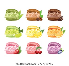 Conjunto de macarrones con fruta aislada sobre fondo blanco.