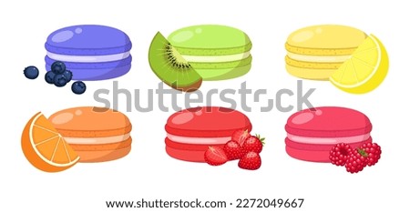 Set of macarons with fruits isolated on white background