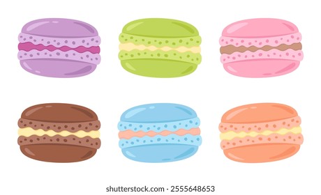 Set of macarons in various colours. Food illustration. Bakery, sweets, candy, cafe  or dessert theme. French pastry. Vector illustration in flat style isolated on white background.