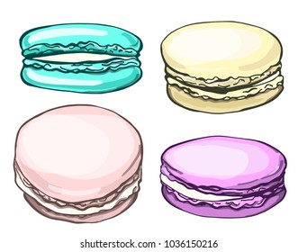 Set of macaroon. Almond cookies of different taste and colour isolated on white background. Vector illustration. Template for greeting card, postcard, print, fashion design, menu.