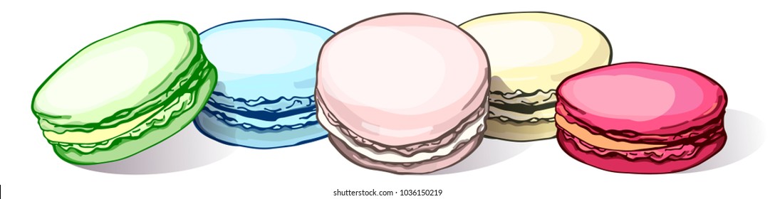 Set of macaroon. Almond cookies of different taste and colour isolated on white background. Vector illustration. Template for greeting card, postcard, print, fashion design, menu.