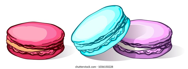Set of macaroon. Almond cookies of different taste and colour isolated on white background. Vector illustration. Template for greeting card, postcard, print, fashion design, menu.