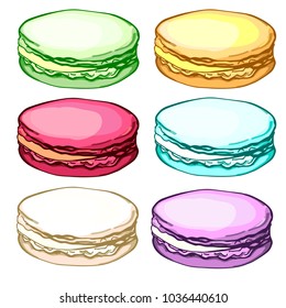 Set of macaroon. Almond cookies of different taste and colour isolated on white background. Vector illustration. Template for greeting card, postcard, print, fashion design, menu.