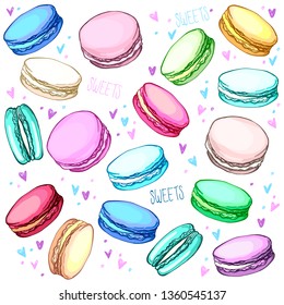 Set of macaroon. Almond cookies of different taste and colour isolated on white background. Vector illustration. Perfect for greeting card, postcard, print, fashion design, menu.