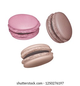 Set of Macaroons with Chocolate filling in different angles, French macaroons on white background, Vector illustration