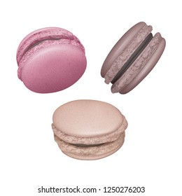 Set of Macaroons with Chocolate filling in different angles, French macaroons on white background, Vector illustration