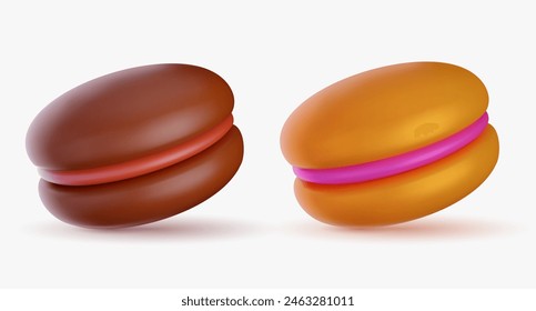 Set of macaroons with chocolate in realistic glossy 3d style. Bright cute dessert vector illustration.