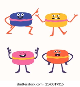 Conjunto de macarons con diferentes emociones al estilo de las caricaturas. Postre claro. Ilustración vectorial.