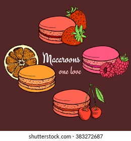 Set of macaroons with fruits in vintage style, vector