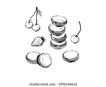 Macarons mit Erdbeeren und Kirschen, handgezeichnet, Vektorgrafik einzeln auf weißem Hintergrund