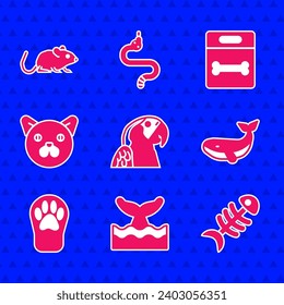 Set Macaw parrot, Whale tail in ocean wave, Fish skeleton, Paw print, Cat, Dog bone and Rat icon. Vector