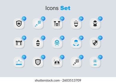Set Mace with spikes, Castle tower, King crown, Crusade, Shield,  and Medieval throne icon. Vector
