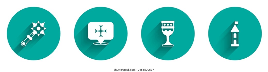 Set Mace with spikes, Crusade, Medieval goblet and Castle tower icon with long shadow. Vector