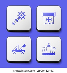 Set Mace with spikes, Crusade, Medieval catapult and King crown icon. White square button. Vector