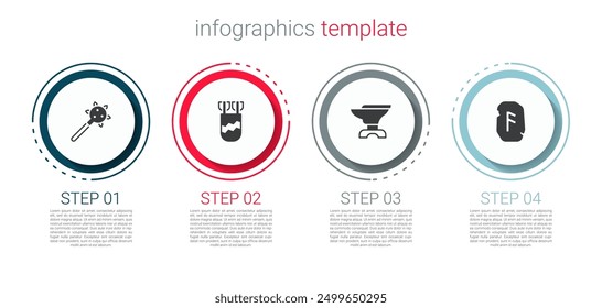Set Mace with spikes, Quiver arrows, Anvil for blacksmithing and Magic rune. Business infographic template. Vector