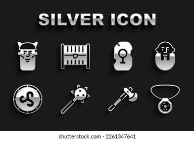 Set Mace with spikes, Viking head, Necklace gem, Wooden axe, Shield viking, Magic rune,  and Antique treasure chest icon. Vector