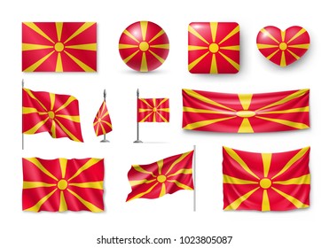 Set Macedonia flags, banners, banners, symbols, flat icon. Vector illustration of collection of national symbols on various objects and state signs