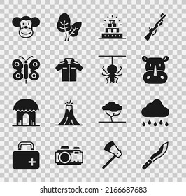 Set Machete, Cloud with rain, Rhinoceros, Chichen Itza Mayan, Shirt, Butterfly, Monkey and Spider icon. Vector