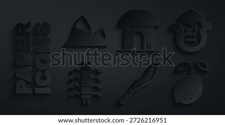 Set Machete, Monkey, Centipede insect, Lemon, African hut and Mountains icon. Vector