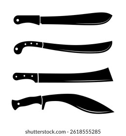 Set of Machete Silhouettes Vector Illustration. The collection highlights different types of machetes, showcasing various blade forms including a kukri style and a squared tip design.