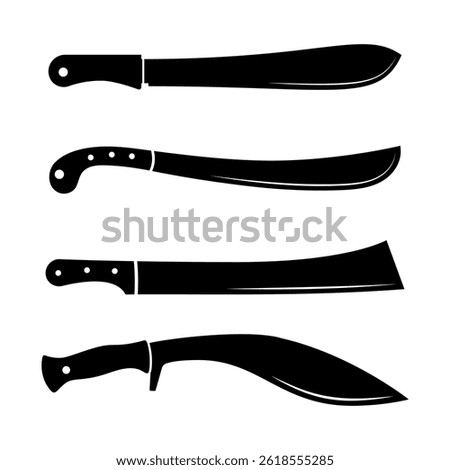 Set of Machete Silhouettes Vector Illustration. The collection highlights different types of machetes, showcasing various blade forms including a kukri style and a squared tip design.