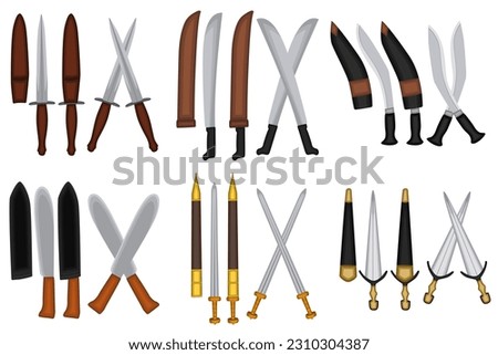 Set machete vector illustration. fighting knife weapons