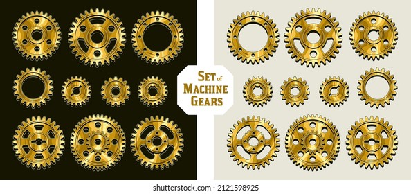 Set of machine brass polished gears in vintage style. Good for decoration in steampunk style. Vector.