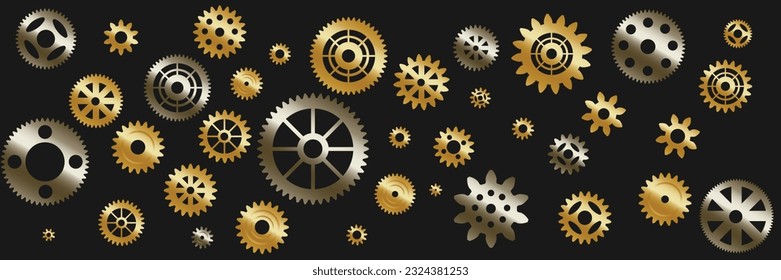 Set of machine brass polished gears in vintage style. Good for decoration in steampunk style. Vector.