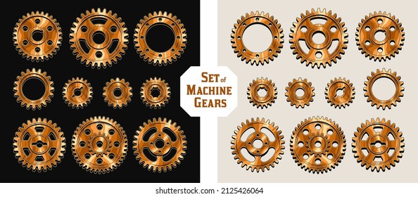 Set of machine copper polished gears in vintage style. Good for decoration in steampunk style. Vector.