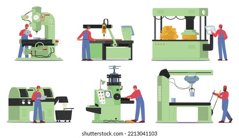 Set Machine Factory Industrial Manufacture, Construction Industry Engineering Equipment With Engineer Workers Production Process. Employee Characters Work on Plant. Cartoon People Vector Illustration