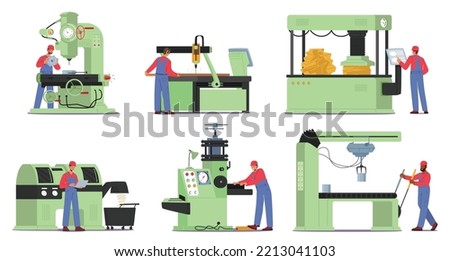 Set Machine Factory Industrial Manufacture, Construction Industry Engineering Equipment With Engineer Workers Production Process. Employee Characters Work on Plant. Cartoon People Vector Illustration