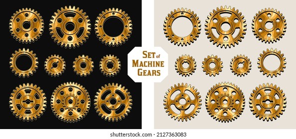 Set of machine gold polished gears in vintage style. Good for decoration in steampunk style. Vector.