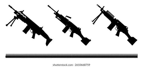 Set of Machine Gun Silhouette Illustrations Isolated on White Background