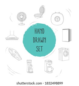 Conjunto de iconos de la máquina línea símbolos de estilo con máquina de café, lavadora, nevera pequeña y otros iconos para el diseño del logo de la aplicación móvil web.