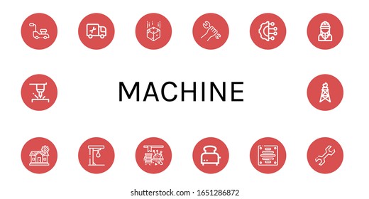 Conjunto de iconos de máquina. Tales como cortadora de césped, pistón, dados, llave, inteligencia artificial, ingeniero, ajuste, bola de punteo, coser, tostadora, extractor, láser, chubasco, iconos de máquina