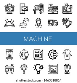 Set of machine icons such as Online banking, Pin cushion, Online payment, Cleaning, Construction site, Engineer, Cashier, Crane truck, Transmission, Coffee machine, Electric generator , machine