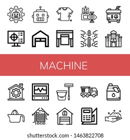 Set of machine icons such as Robot, Cmyk, Garage, Laundry, Plotter, Overheat, Electric generator, Casino, Gear, Juicer, Icu, Knitting, Mop, Crane truck, Engineering , machine