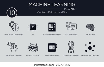 Conjunto de diseños de iconos de concepto de Machine Learning. Contiene estos iconos algoritmo, minería de datos, inteligencia inteligente, lluvia de ideas, pensamiento y más, se pueden usar para web y aplicaciones.
