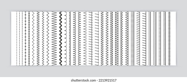 Set of machine thread sew brushes. Seamless embroidery stitches. Sewing seams. Overlock fabric elements. Vector. Outline border isolated on white background. Simple graphic illustration.