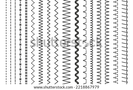 Set of machine thread sew brushes. Sewing stitches. Embroidery seams seamless pattern. Overlock fabric elements. Line border isolated on white background. Simple graphic vector illustration.