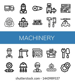 Set of machinery icons such as Crane truck, Gear, Engineer, Pulley, Conveyor, Tools, Rubber land, Manufacturer, Engineering, Crane, Blueprint, Technician, Machinery , machinery